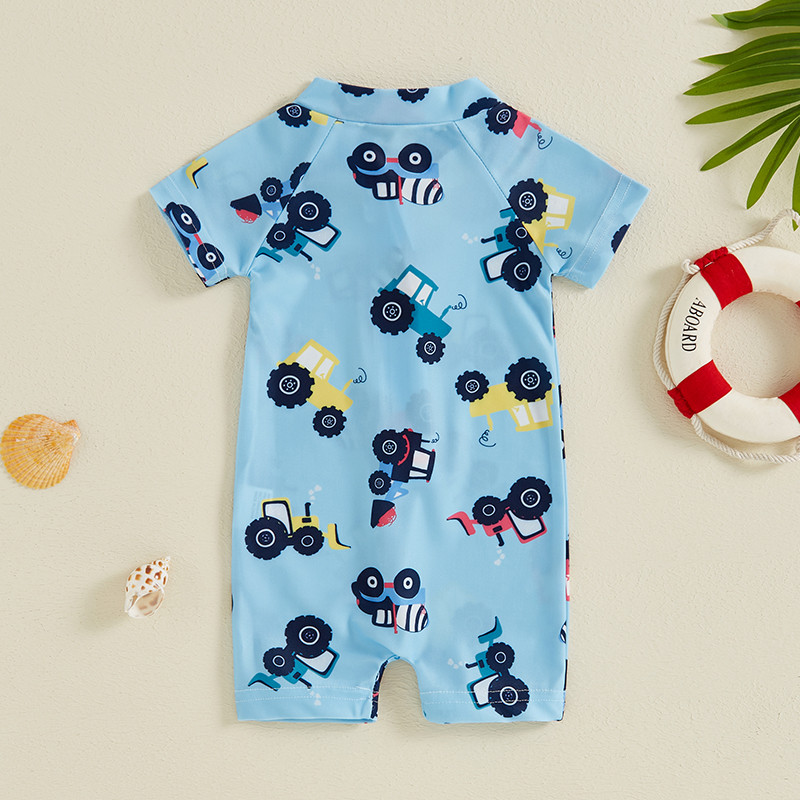 Vaikų berniukų vasariniai maudymosi kostiumėliai, laisvalaikio traktoriaus / žuvies spauda trumpomis rankovėmis, užtrauktuku išbėrimą apsaugantis maudymosi kostiumėlis paplūdimio apranga maudymosi kostiumėlis