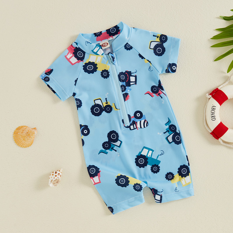 Vaikų berniukų vasariniai maudymosi kostiumėliai, laisvalaikio traktoriaus / žuvies spauda trumpomis rankovėmis, užtrauktuku išbėrimą apsaugantis maudymosi kostiumėlis paplūdimio apranga maudymosi kostiumėlis