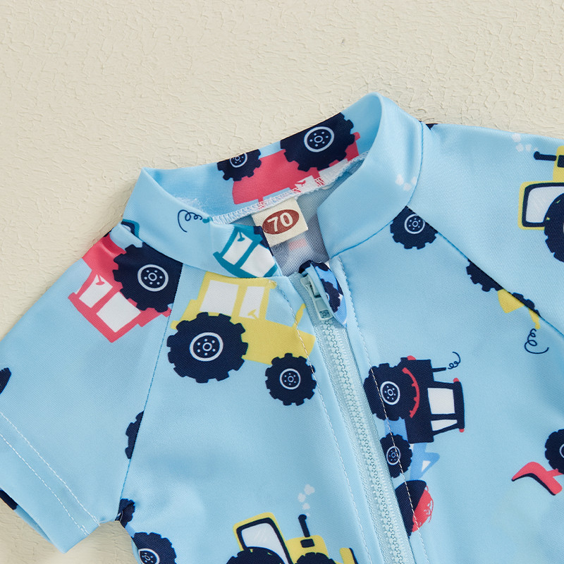 Vaikų berniukų vasariniai maudymosi kostiumėliai, laisvalaikio traktoriaus / žuvies spauda trumpomis rankovėmis, užtrauktuku išbėrimą apsaugantis maudymosi kostiumėlis paplūdimio apranga maudymosi kostiumėlis