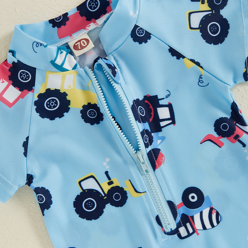 Vaikų berniukų vasariniai maudymosi kostiumėliai, laisvalaikio traktoriaus / žuvies spauda trumpomis rankovėmis, užtrauktuku išbėrimą apsaugantis maudymosi kostiumėlis paplūdimio apranga maudymosi kostiumėlis