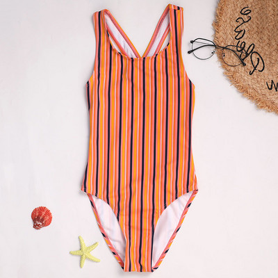 Lillelised tüdrukute ühes tükis ujumistrikoo 7–16-aastastele lastele Retro vintage laste ujumisriided Triibuline tüdrukute ujumiskostüüm Monokini Cross Back