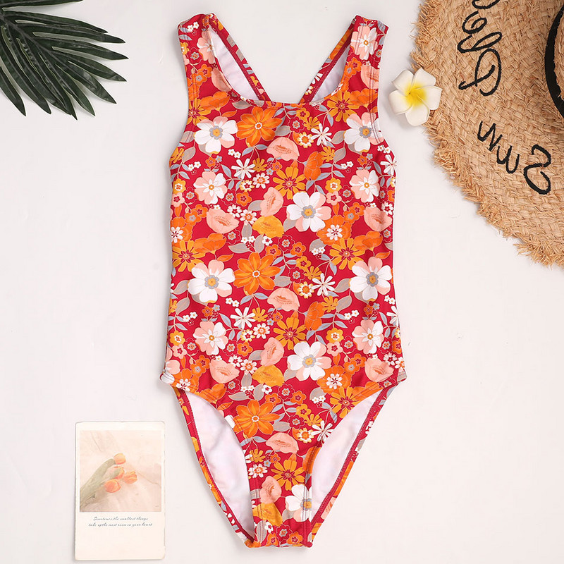 Virágos lányok egyrészes fürdőruha gyerekeknek 7-16 éves korig Retro vintage gyerek fürdőruha csíkos lány fürdőruha Monokini Cross Back