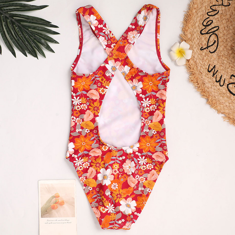 Virágos lányok egyrészes fürdőruha gyerekeknek 7-16 éves korig Retro vintage gyerek fürdőruha csíkos lány fürdőruha Monokini Cross Back