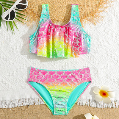 Girls Fish Scale Mermaid bikini fürdőruha Gyerek Ombre Fodor kétrészes gyermek fürdőruha 4-18 éves tinédzsereknek fürdőruha