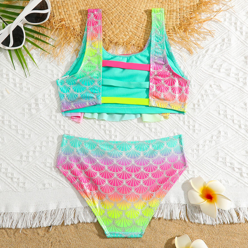 Girls Fish Scale Mermaid bikini fürdőruha Gyerek Ombre Fodor kétrészes gyermek fürdőruha 4-18 éves tinédzsereknek fürdőruha