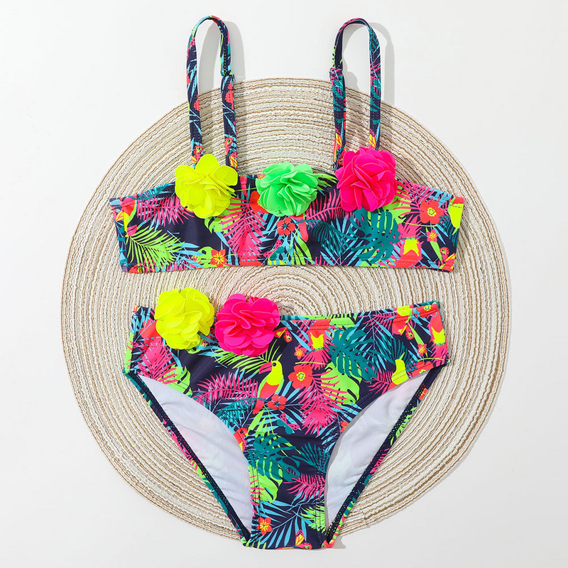 Virágos rátétes lányos fürdőruha, gyerekeknek trópusi mintás tipegő bikini szett 4-12 éves korig, kétrészes gyerek fürdőruha fürdőruha 2023