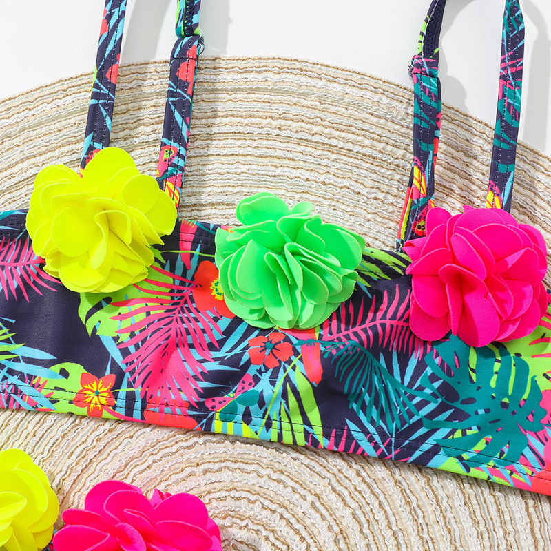 Virágos rátétes lányos fürdőruha, gyerekeknek trópusi mintás tipegő bikini szett 4-12 éves korig, kétrészes gyerek fürdőruha fürdőruha 2023