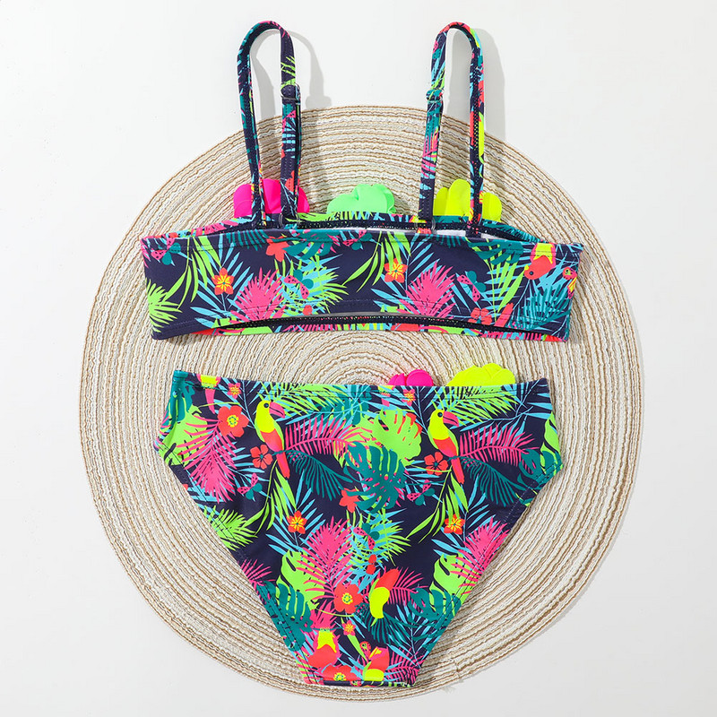 Virágos rátétes lányos fürdőruha, gyerekeknek trópusi mintás tipegő bikini szett 4-12 éves korig, kétrészes gyerek fürdőruha fürdőruha 2023