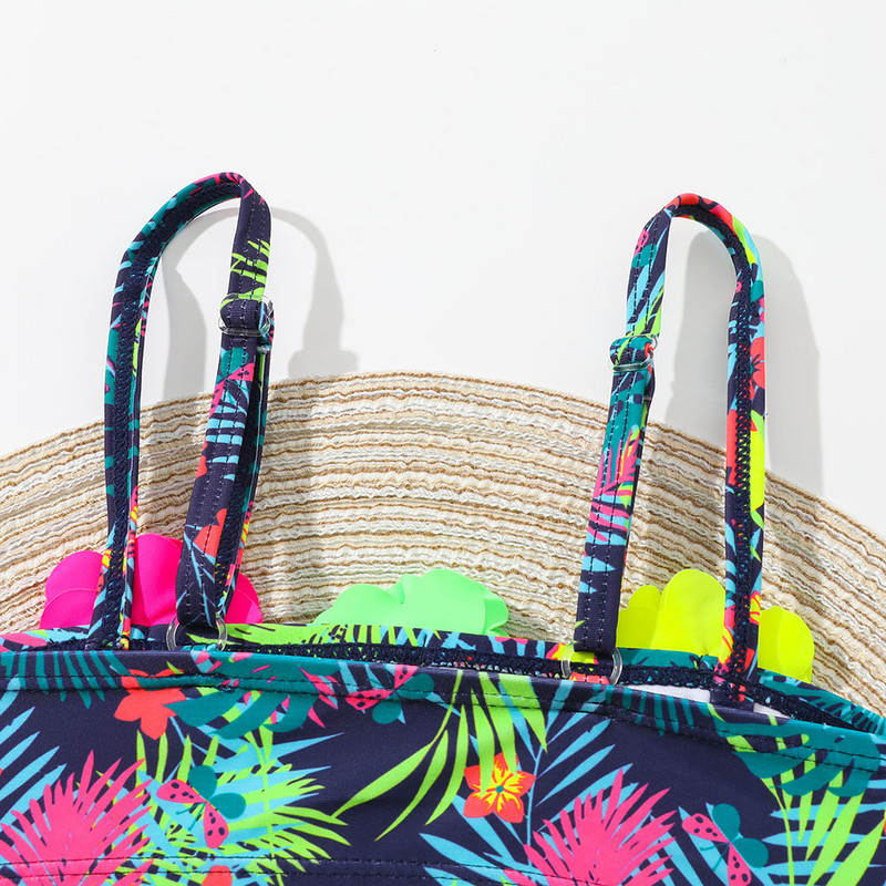 Virágos rátétes lányos fürdőruha, gyerekeknek trópusi mintás tipegő bikini szett 4-12 éves korig, kétrészes gyerek fürdőruha fürdőruha 2023