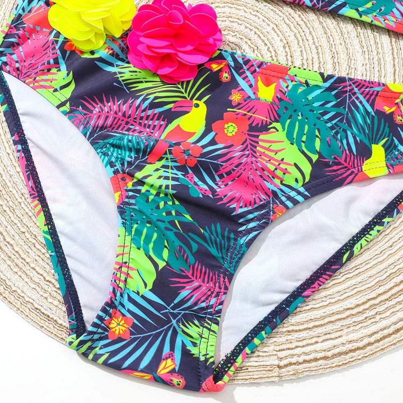 Virágos rátétes lányos fürdőruha, gyerekeknek trópusi mintás tipegő bikini szett 4-12 éves korig, kétrészes gyerek fürdőruha fürdőruha 2023