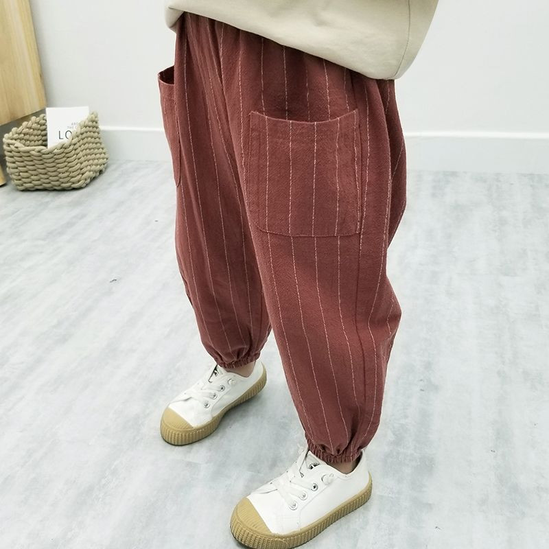 2023 Fiú Ruházat Nyári Új bő csíkos Nyomtatott Gyerek Pamut Len Divat Alkalmi Összefűzött Zseb Elasztikus Derék Harlan Nadrág