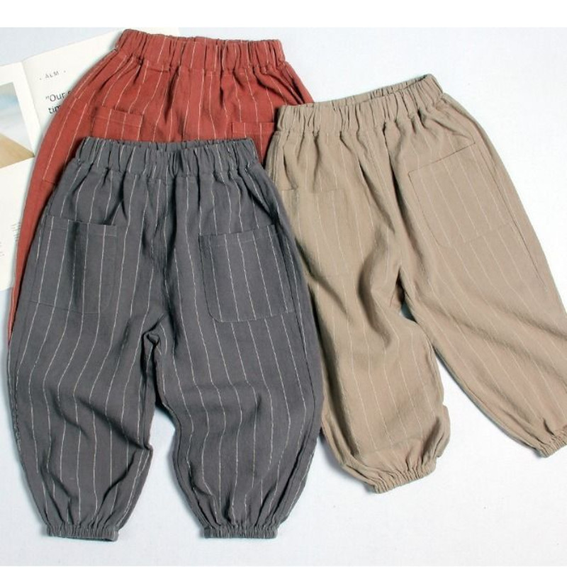 2023 Fiú Ruházat Nyári Új bő csíkos Nyomtatott Gyerek Pamut Len Divat Alkalmi Összefűzött Zseb Elasztikus Derék Harlan Nadrág