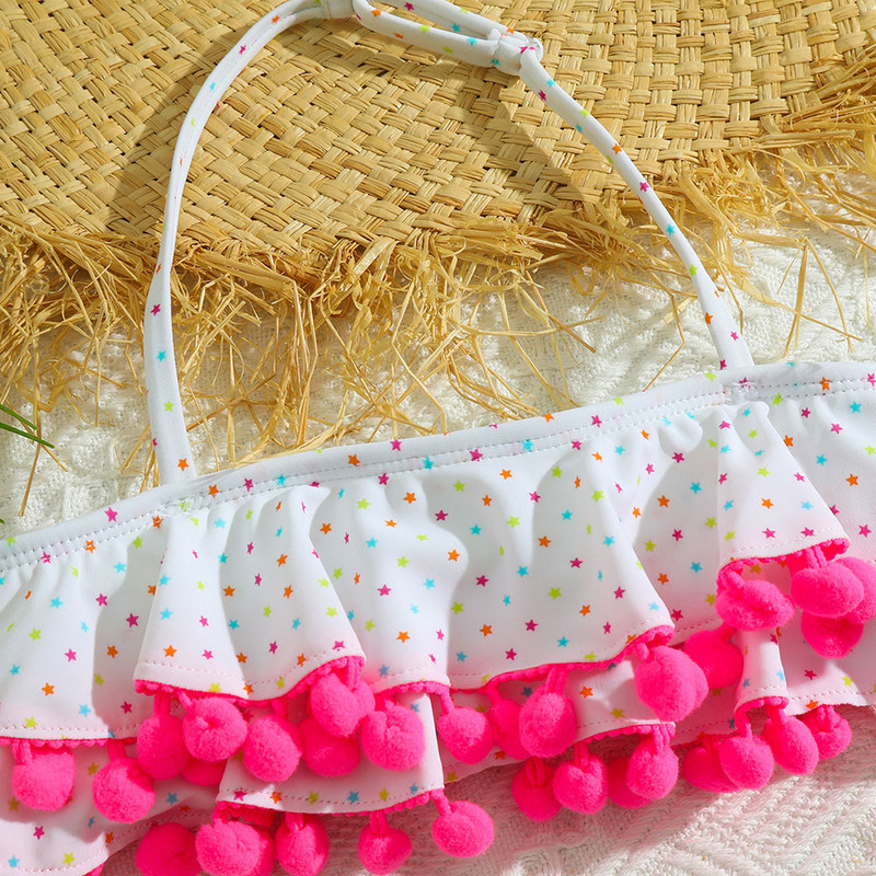 Tüdrukute Ruffle Pompom bikiinide komplekt, laste ujumistrikoo, päitsetega ülemine kaheosaline laste ujumisriided, tähed, prinditud 3–12-aastased väikelapsed
