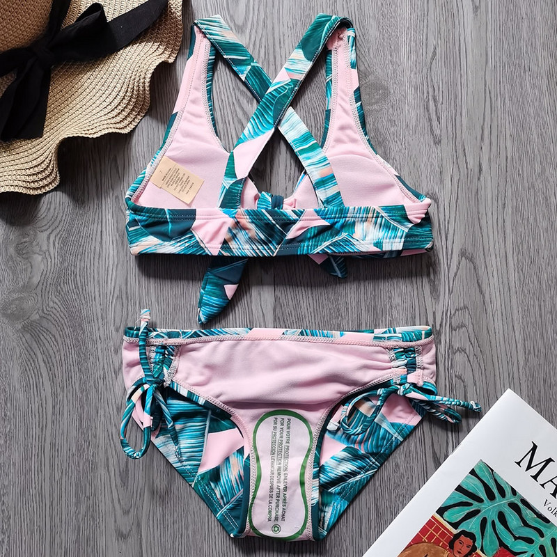 7-16 éves lányok fürdőruha gyerekeknek trópusi kétrészes gyermek fürdőruha kereszt hátú lány bikini szett csokornyakkendő lányoknak fürdőruha 2023