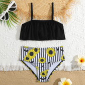 Lányok napraforgós és csíkos mintás bikini fürdőruha, vállon fodros gyerekeknek, kétrészes gyermek fürdőruha 5-13 éves korig, 2023