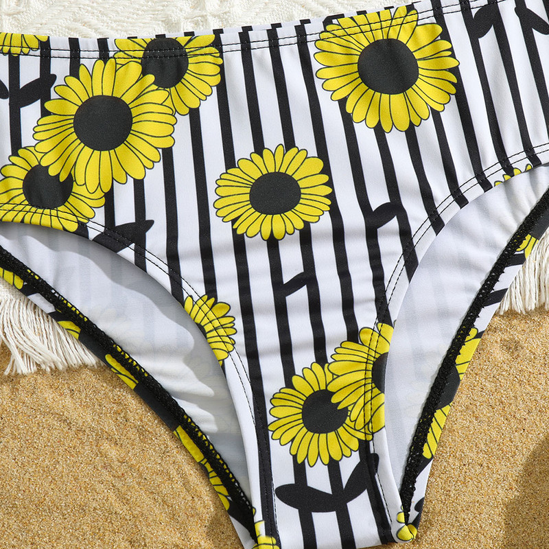 Lányok napraforgós és csíkos mintás bikini fürdőruha, vállon fodros gyerekeknek, kétrészes gyermek fürdőruha 5-13 éves korig, 2023