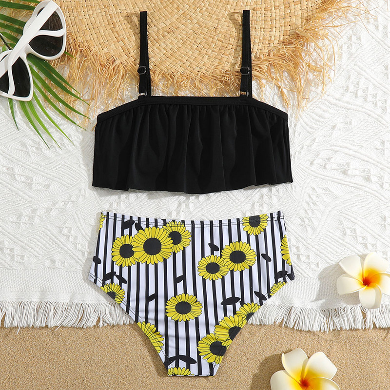 Lányok napraforgós és csíkos mintás bikini fürdőruha, vállon fodros gyerekeknek, kétrészes gyermek fürdőruha 5-13 éves korig, 2023