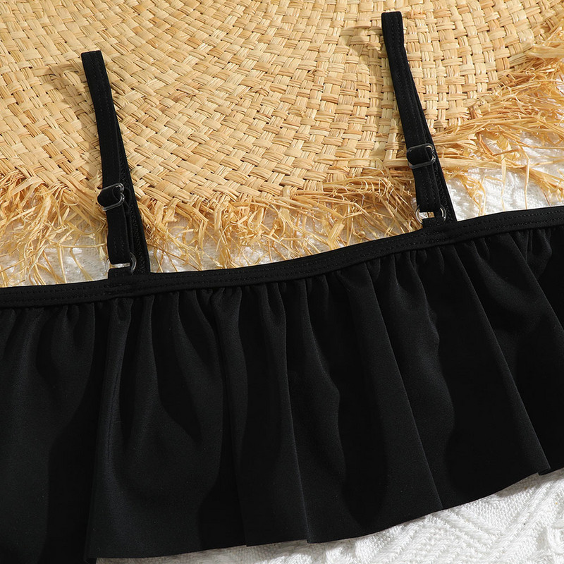 Lányok napraforgós és csíkos mintás bikini fürdőruha, vállon fodros gyerekeknek, kétrészes gyermek fürdőruha 5-13 éves korig, 2023