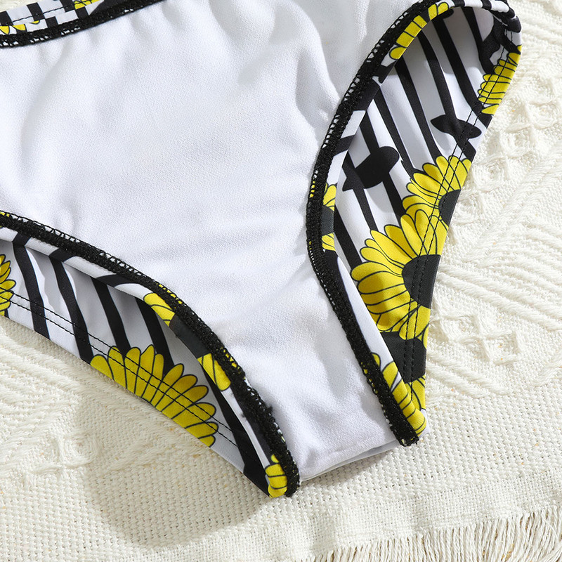 Lányok napraforgós és csíkos mintás bikini fürdőruha, vállon fodros gyerekeknek, kétrészes gyermek fürdőruha 5-13 éves korig, 2023