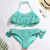 3-14 év közötti Flounce lány fürdőruha, kötőfék, bikini, Jacquard kétrészes gyermek fürdőruha, 2024 nyári strandruha