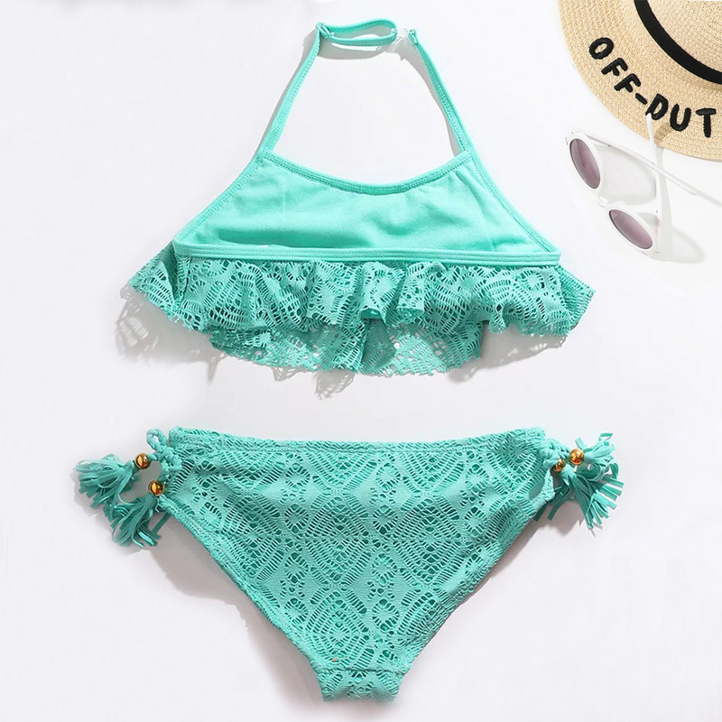 3-14 év közötti Flounce lány fürdőruha, kötőfék, bikini, Jacquard kétrészes gyermek fürdőruha, 2024 nyári strandruha