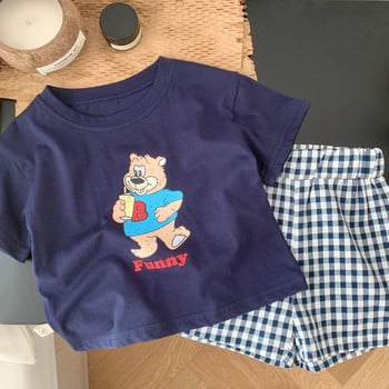 Παιδική καθημερινή στολή 2 τεμαχίων/σετ Μπλουζάκι με καρτούν αρκουδάκι καρό σορτς μόδας λεπτό σορτς μπλουζάκι 2024 Καλοκαιρινές φόρμες για μωρά