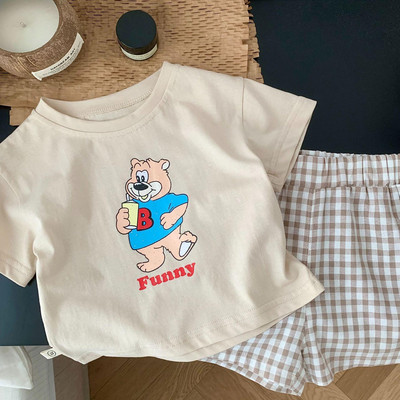 Gyerek hétköznapi jelmez 2 részes/szett Rajzfilm Medve póló Kockás rövidnadrág Divat vékony póló rövidnadrág 2024 nyári babaruházat tréningruhák
