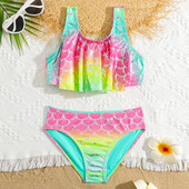 Girls Fish Scale Mermaid bikini fürdőruha gyerekeknek Ombre fodros kétrészes gyermek fürdőruha 4-18 éves tini fürdőruha strandruha