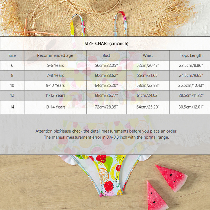 Летни момичета Бански бикини с принт на плодове Тийнейджърки 5-14 години Бански костюми от две части Candy Цветен бански костюм Детско плажно облекло