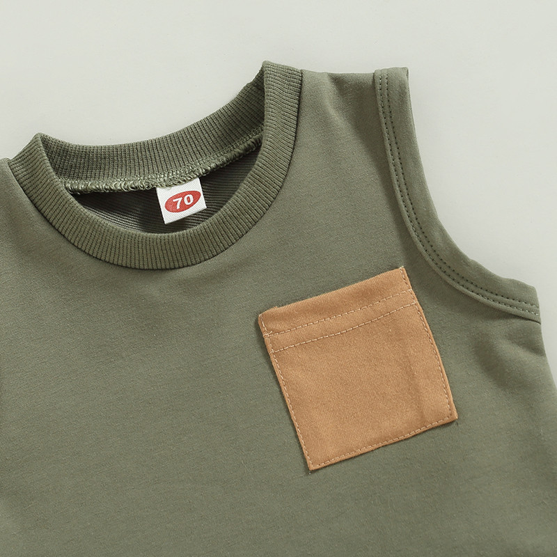 2db kisfiú nyári ruhák ruha szett pamut alkalmi ujjatlan zseb felsők + csíkos zseb rövidnadrág szett kisgyermeknek