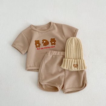 2023 Нов бебешки вафлен комплект дрехи с къс ръкав Бебешко момче Сладко мече Бродерия 2 бр. Костюм Лятна тениска за малко дете + Облекло за къси панталони