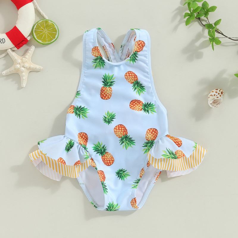 Princess Bowknot Kids Lány fürdőruhák Nyári Kisgyermek Bikini Fürdőruha Ujjatlan Fruit Print Hát nélküli gyermek fürdőruha