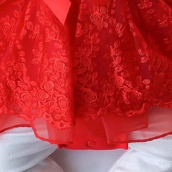 Новородено момиченце прохождащо дете лятна едноцветна мини рокля с панделка с къс ръкав и червена дантела