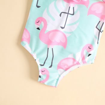 Цял бански костюм за момиче с принт фламинго Детско плажно облекло с презрамки за окачване Бебешки волани с V-образно деколте Плуване за лято Басейн Забавление