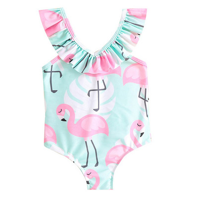 Flamingo mintás lány egyrészes fürdőruha gyerek strandruha kötőfék pántokkal, baba V-nyakú fodros úszás nyári medencés fürdéshez