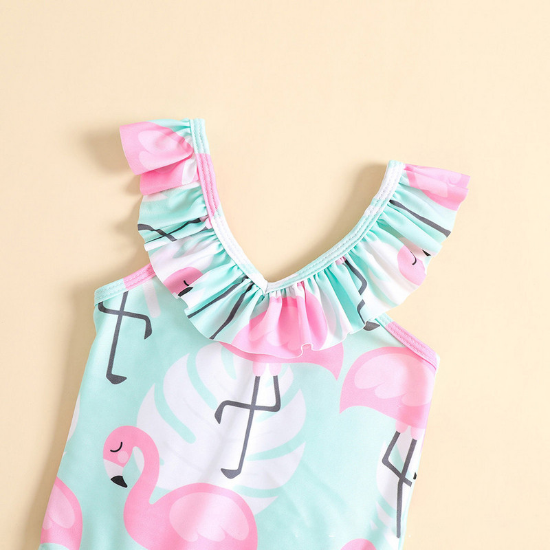 Flamingo mintás lány egyrészes fürdőruha gyerek strandruha kötőfék pántokkal, baba V-nyakú fodros úszás nyári medencés fürdéshez