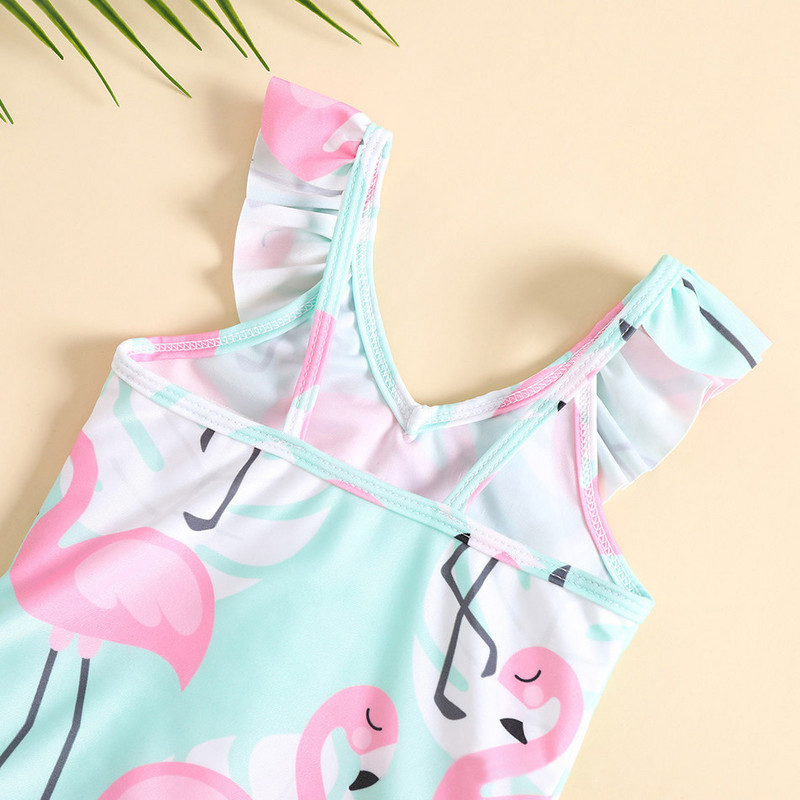 Flamingo mintás lány egyrészes fürdőruha gyerek strandruha kötőfék pántokkal, baba V-nyakú fodros úszás nyári medencés fürdéshez