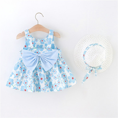 2/db szett lányoknak ruha sapka nyári kislány nagy masni a hátsó virágmintás hercegnő ruha