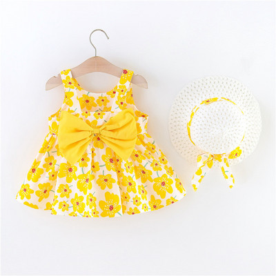 2/db szett lányoknak ruha sapka nyári kislány nagy masni a hátsó virágmintás hercegnő ruha