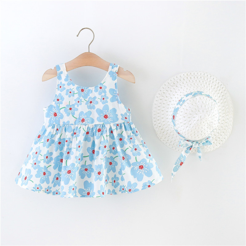 2/db szett lányoknak ruha sapka nyári kislány nagy masni a hátsó virágmintás hercegnő ruha