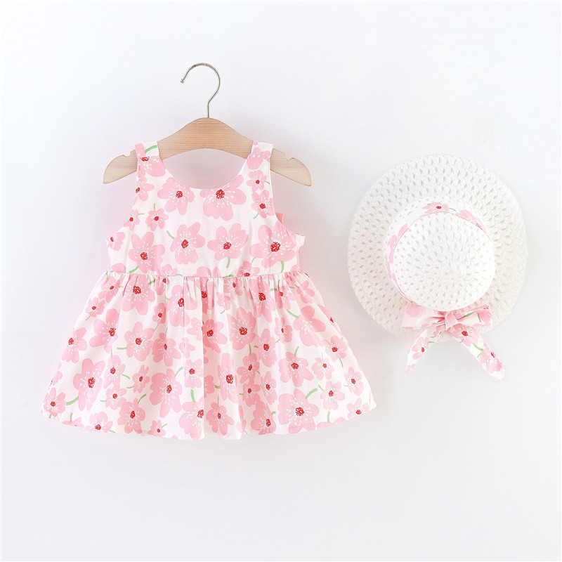 2/db szett lányoknak ruha sapka nyári kislány nagy masni a hátsó virágmintás hercegnő ruha