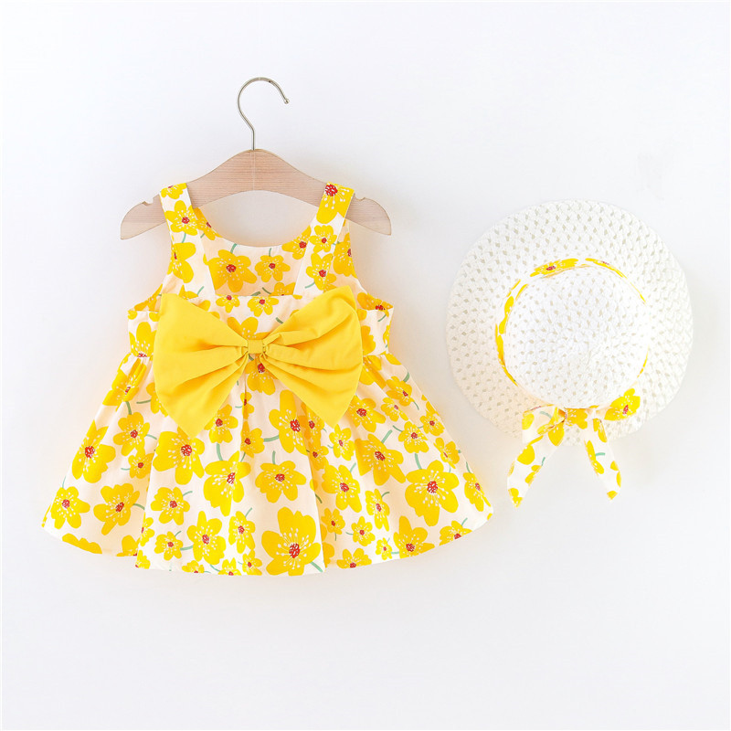 2/db szett lányoknak ruha sapka nyári kislány nagy masni a hátsó virágmintás hercegnő ruha