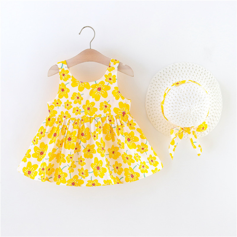 2/db szett lányoknak ruha sapka nyári kislány nagy masni a hátsó virágmintás hercegnő ruha