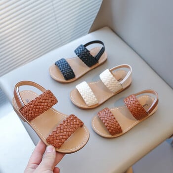 Детски сандали за момичета 2024 Летни момичета Weave Design Sandals Детски плажни обувки Отворени пръсти Плоска противоплъзгаща гумена каишка на глезена