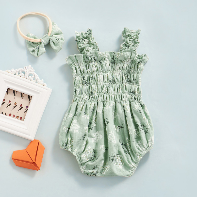 Csecsemő kislány ujjatlan kombiné virágmintás, elasztikus mellszobor vállpántok, masnis fejpánt