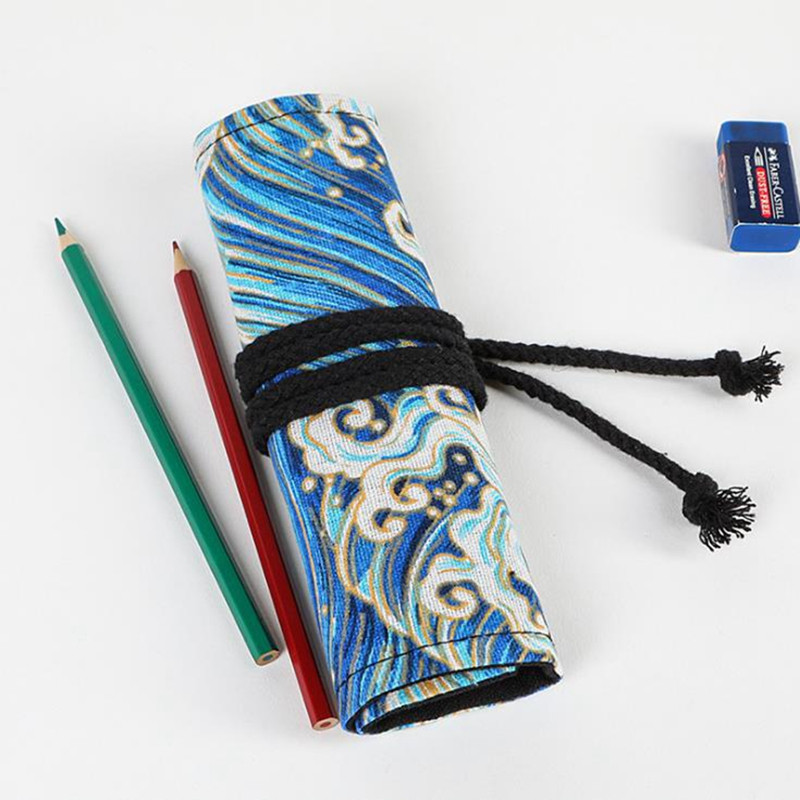 Vászon iskolai tolltartó lányoknak, fiúknak, feltekerhető tolltartó, aranyos kék hullámos tolltartó tolltartó tolltartó írószer tasak 12/24/36 lyukas