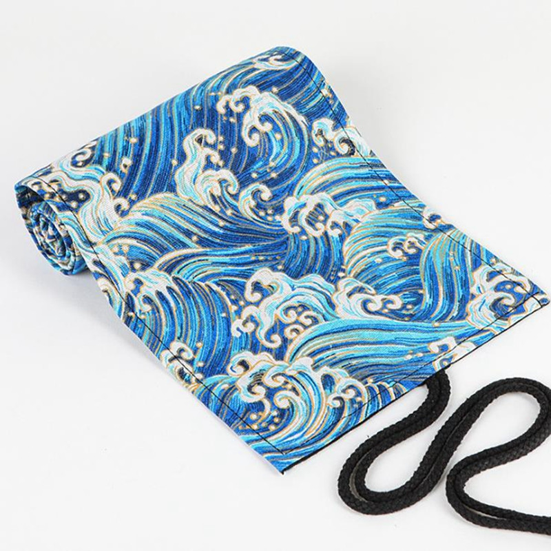 Vászon iskolai tolltartó lányoknak, fiúknak, feltekerhető tolltartó, aranyos kék hullámos tolltartó tolltartó tolltartó írószer tasak 12/24/36 lyukas