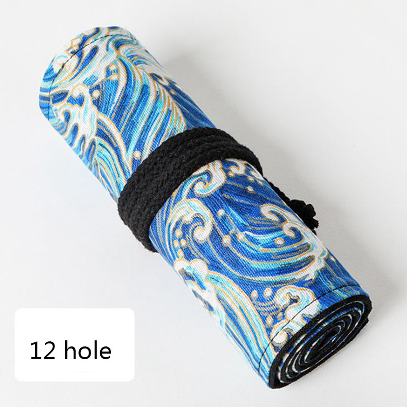 Vászon iskolai tolltartó lányoknak, fiúknak, feltekerhető tolltartó, aranyos kék hullámos tolltartó tolltartó tolltartó írószer tasak 12/24/36 lyukas