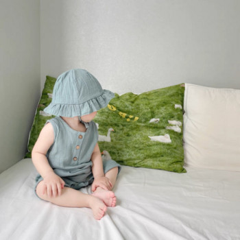 2 бр./компл. Бебешко лятно облекло Плътен гащеризон за новородено бебе с шапка Муселин Памук без ръкави Бебешки гащеризони за момичета