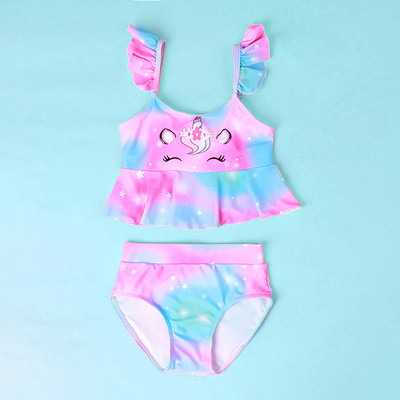 Lányok fürdőruha Gyerek fodros Strand fürdőruha Baba Születésnapi Strandruha Gyermek Úszó 2 részes szett Unicorn fürdőruha 3-8 éves korig